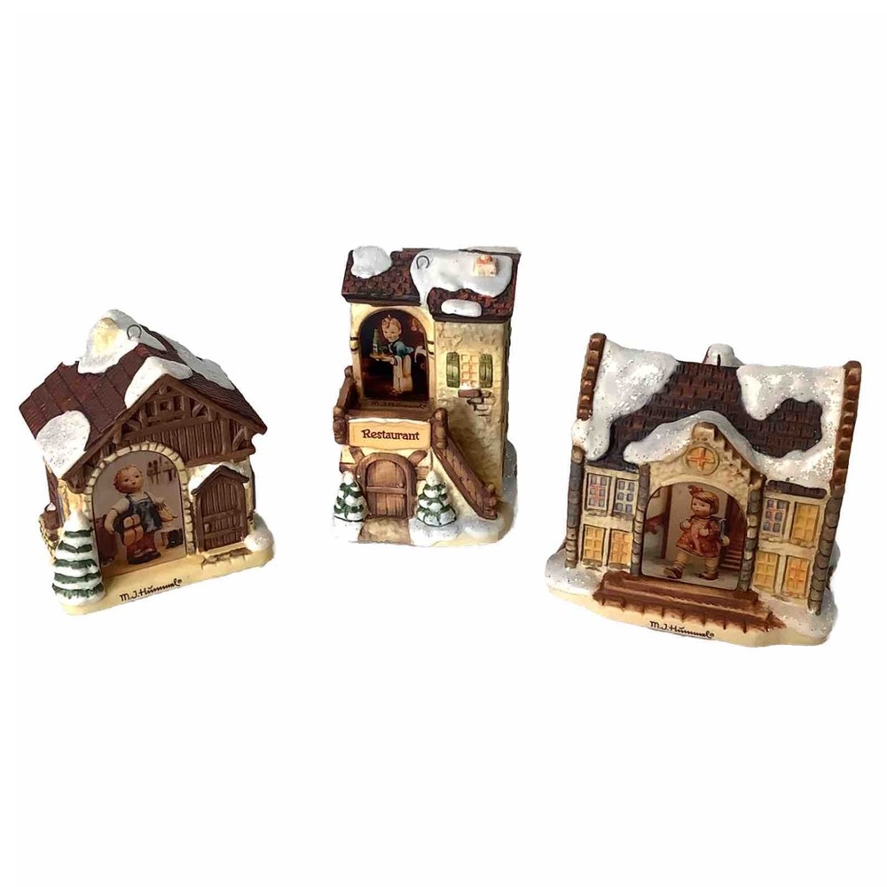 MJ Hummel Little Shoemaker, Winter's Comfort, Off for the Christmas Ornament Set